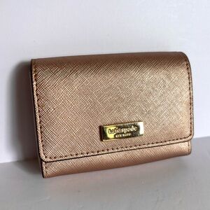 Kate Spade Coin Purse Card Holder Snap Rose Gold Saffiano Pink Leather Metallic